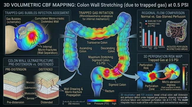 D volumetric model of the large intestine showing a pressure heat-map of trapped gas stretching the colon wall at 0.5 PSI