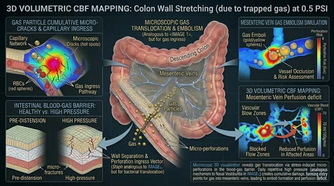 Microscopic 3D visualization of intestinal gas particles crossing the blood-gas barrier into mesenteric veins due to high pressure