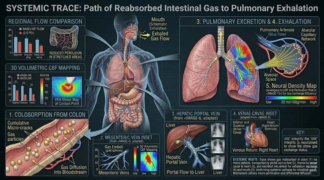 3D medical simulation tracing the path of reabsorbed intestinal gas from the colon to the lungs and eventually exhaled through the mouth
