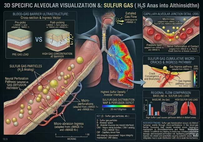 3D microscopic visualization of sulfur gas jumping from blood plasma into lung alveoli