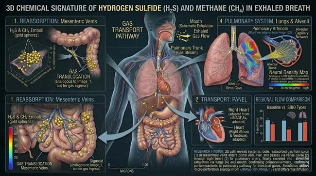 3D medical path showing gas transport from mesenteric veins to the pulmonary system