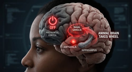 3D medical animation of a brain blackout in a Black female character, showing the Prefrontal Cortex with a red OFF icon while the Amygdala glows red