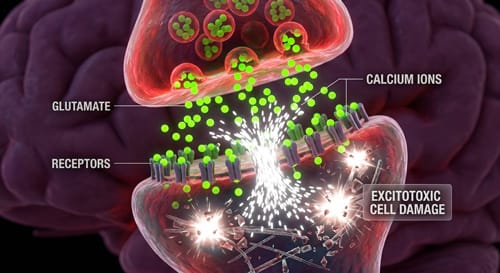 Microscopic 3D view of a neuron synapse during alcohol withdrawal, showing glutamate flooding receptors and white calcium sparks causing excitotoxic cell damage.