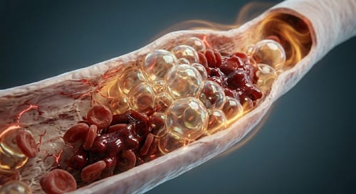 A high-magnification 3D micro-sculpt showing a close-up internal view of a human blood vessel, with blood fizzing like shaken soda into gas bubbles under space decompression in a vacuum