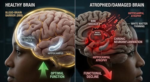 3D side-by-side comparison of a healthy brain vs. a shrunken brain with a torn blood-brain barrier (BBB) and neuroinflammation from chronic drinking