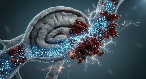 3D micro-sculpt showing a close-up internal view of the brain’s hippocampus, with glowing data particles being blocked and piled up by ethanol molecules during an alcohol-induced blackout