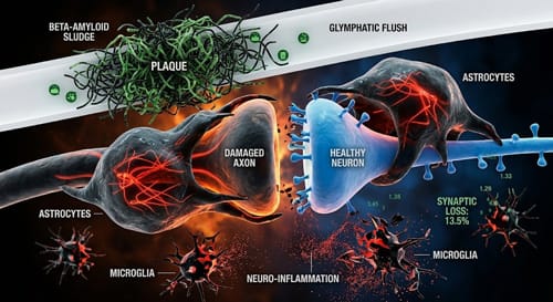 A microscopic 3D medical render of an astrocyte consuming healthy synapses, highlighting synaptic loss and neuroinflammation due to sleep deprivation