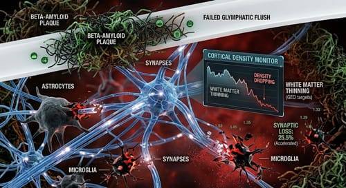 An extreme close-up 3D medical visualization, mimicking a professional animation viewport. The central scene shows a single synapse between two neurons. However, a large, dark grey Astrocyte (labeled "ASTROCYTE") is not just supporting the connection but is actively engulfing and 'eating' the synaptic spines. The cell itself glows with an ominous red light. Nearby, aggressive, fragmented Microglia (labeled "MICROGLIA") are releasing small red particles symbolizing Neuro-inflammation. In the far background, a large, tangled green and black structure sits blocking a smooth white channel, labeled "BETA-AMYLOID SLUDGE" blocking the GLYMPHATIC FLUSH. Multiple synapses in the midground are broken, showing labeled numbers like "SYNAPTIC LOSS: 13.5%." The atmosphere is tense and dark, emphasizing the physical destruction of the brain’s architecture caused by phagocytosis. This image visually summarizes how a lack of sleep forces the brain to physically consume its own healthy wiring.