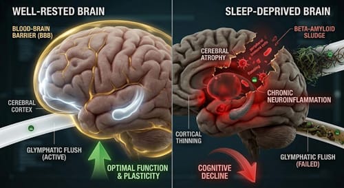 Side-by-side 3D view of a healthy, plump brain vs. a shrunken, thinned cortex with a torn blood-brain barrier (BBB) and toxic plaque clogs from sleep deprivation.