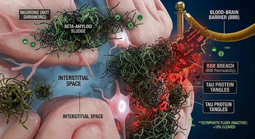 Microscopic 3D view of brain cells tightly packed during wakefulness, causing massive toxic Beta-amyloid and Tau sludge build-up to choke the narrow interstitial spaces and fracture the Blood-Brain Barrier (BBB)