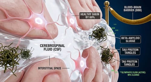 Microscopic 3D view of brain cells shrinking during non-REM sleep, allowing cerebrospinal fluid to actively flush away Beta-amyloid and Tau sludge through widened interstitial spaces.