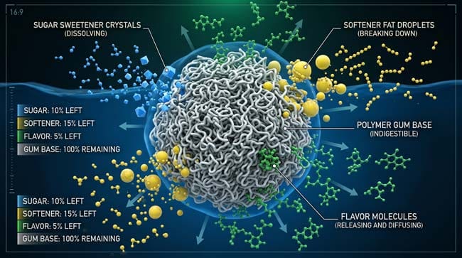 3D molecular visualization of chewing gum components showing sweeteners softeners and flavoring dissolving while the indigestible gum base polymer remains completely intact in the digestive system