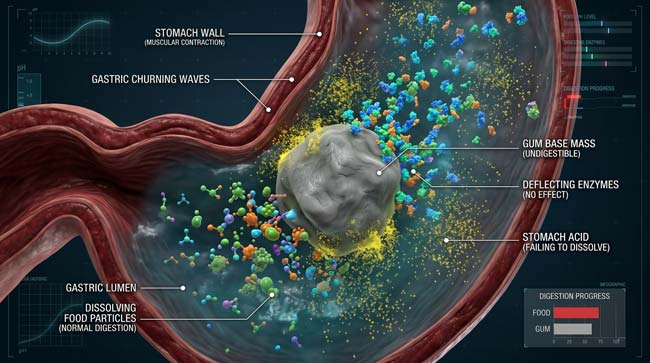 3D visualization of stomach gastric acid and digestive enzymes failing to dissolve swallowed gum base while peristaltic contractions attempt to break it down showing why gum passes through intact