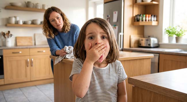 A child accidentally swallowing chewing gum with a shocked expression illustrating the common childhood experience and the science of what really happens when gum enters the digestive system