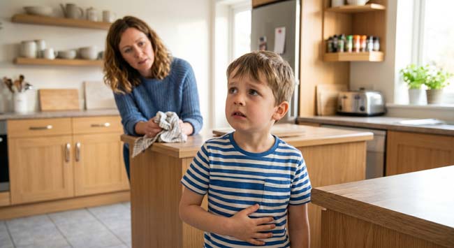 A worried child holding his stomach after swallowing gum looking fearful illustrating the famous 7 year gum myth and the real science of what actually happens when gum enters the digestive system