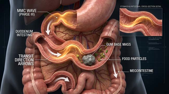 3D visualization of the Migrating Motor Complex intestinal housekeeper sweep showing how peristaltic waves move swallowed gum base through the digestive system within days not years