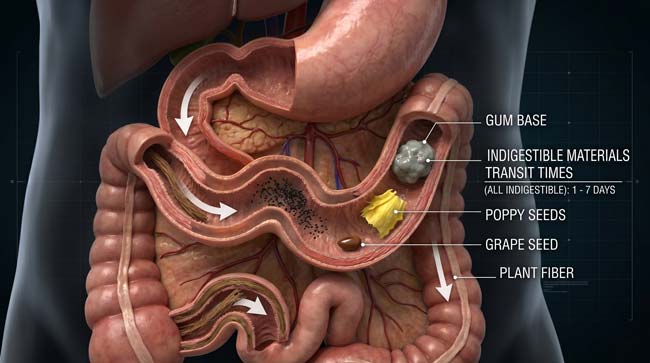 3D comparison visualization showing gum base traveling through the digestive system at the same speed as corn kernels grape seeds and plant fiber proving the 7 year gum myth is false