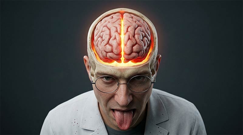 3D medical animation of brain shrinking and pulling away from skull due to dehydration.