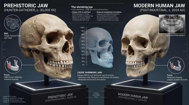 3D comparison of a prehistoric large jaw vs a shrinking modern human jaw