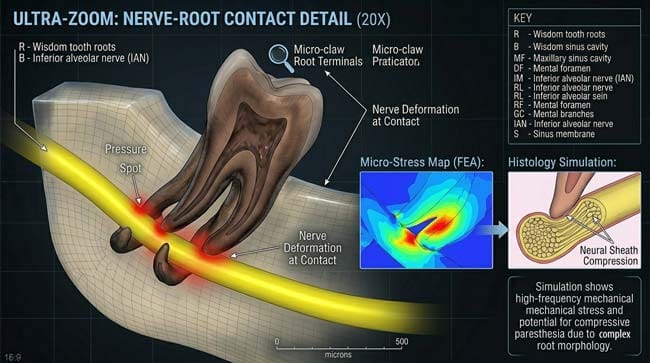 D rendering zooming in 20x to show a wisdom tooth root hugging the Inferior Alveolar Nerve like a claw