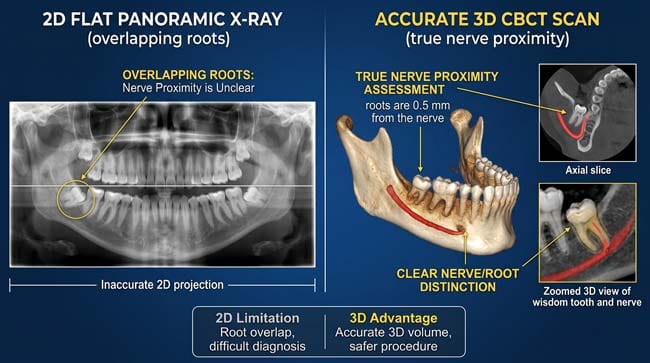 Comparison between a flat 2D Panoramic X-ray (overlapping roots) and a accurate 3D CBCT scan showing the true nerve proximity.