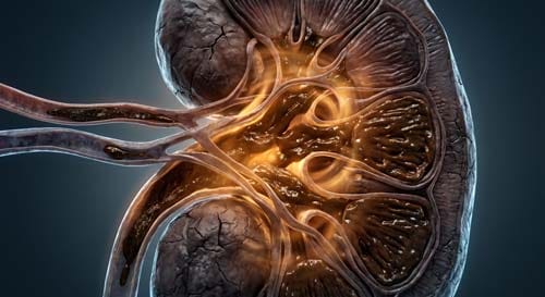 3D medical simulation of kidney failure due to dehydration showing toxic waste buildup in the blood vessels