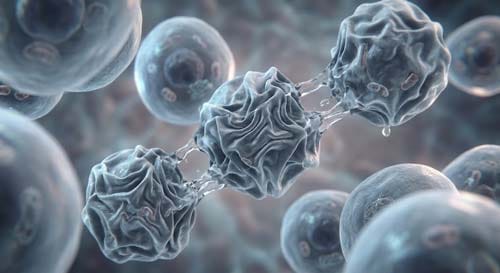 3D micro-sculpt showing healthy plump cells shrinking into shriveled raisin-like shapes during severe dehydration