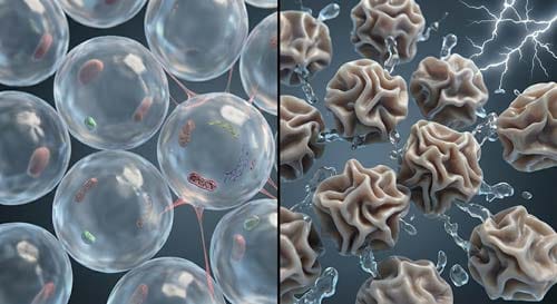 3D micro-sculpt showing healthy plump cells shrinking into shriveled raisin-like shapes during the stop drinking water 3d truth experiment