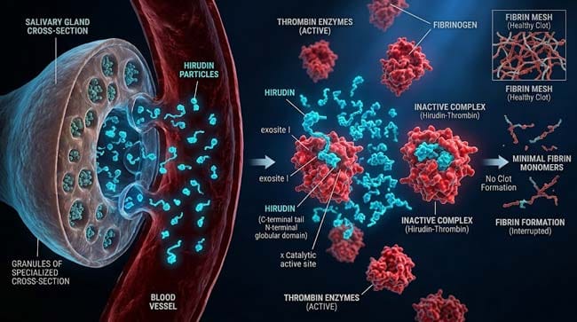 3D molecular simulation of hirudin anticoagulant action showing thrombin inactivation preventing blood clot formation at leech attachment site
