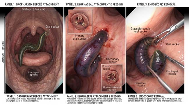 3D clinical timeline visualization of internal leech infestation showing attachment feeding and endoscopic removal from human esophagus