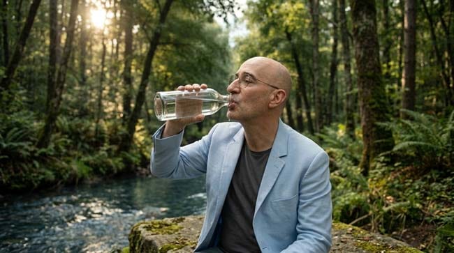 Person drinking from natural water source with leech contamination risk