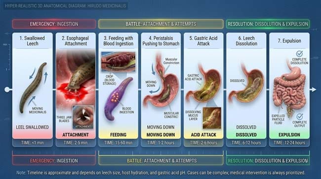 3D timeline visualization of swallowed leech journey through digestive system showing key decision points and survival probabilities
