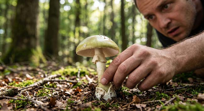 A person's hand picking up a deadly Death Cap Amanita phalloides mushroom in a forest illustrating the danger of wild mushroom consumption and poisonous mushroom toxin effects