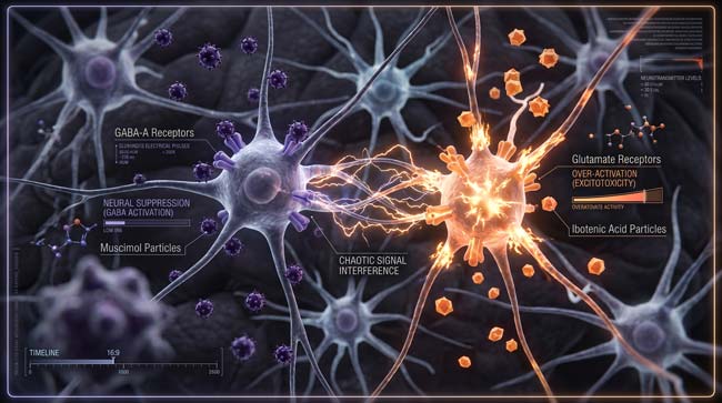 3D visualization of Muscimol and Ibotenic Acid mushroom toxins simultaneously suppressing and over-stimulating brain neurons causing hallucinations and loss of body control