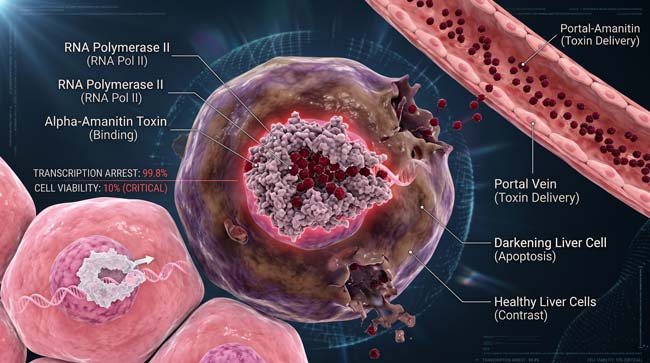 3D molecular visualization of Alpha-Amanitin Death Cap mushroom toxin binding to RNA Polymerase II inside a liver cell causing it to stop protein production and begin dying