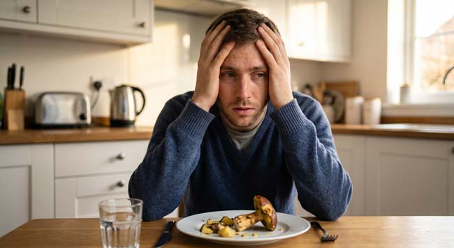 A man sitting at a table looking confused and distressed after eating a wild mushroom illustrating the neurological effects of mushroom poisoning including disorientation and loss of body control