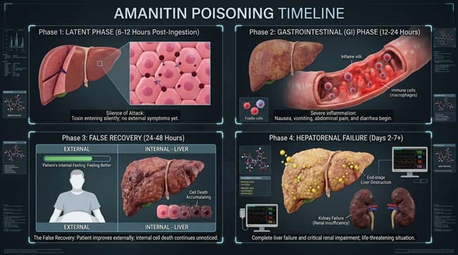 3D visualization of the four phases of mushroom poisoning showing latent phase silent liver damage gastrointestinal phase false recovery and hepatorenal failure progression