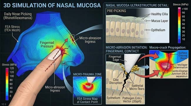 3D simulation of a fingernail causing micro-abrasions in the nasal cavity.