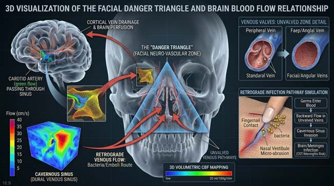3D visualization of the Danger Triangle of the face and blood flow to the brain.