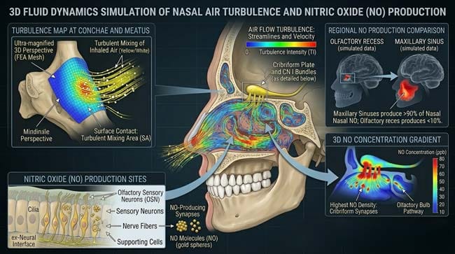 Fluid dynamics simulation of air turbulence and Nitric Oxide production in the nose.