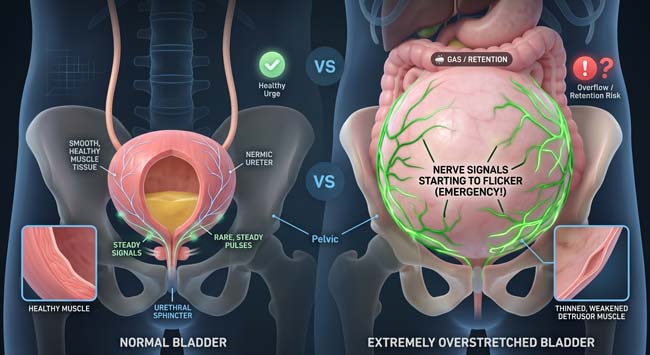 3D animation showing a normal smooth pink bladder compared to an extremely overstretched bladder with glowing green nerve signals starting to flicker