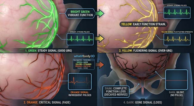 Close-up 3D animation of bladder nerve signals changing from bright green to yellow, orange, and finally dark as they lose function