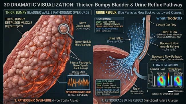 Dramatic 3D animation showing thick bumpy bladder wall and blue urine particles flowing backwards toward the kidneys in a fun whatifbody3D 'What If' visualization