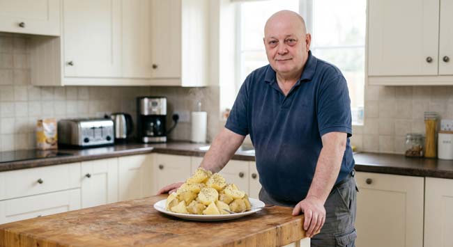 A man standing in front of a large plate of potatoes illustrating the nutritional paradox of surviving but not thriving on a potato-only diet