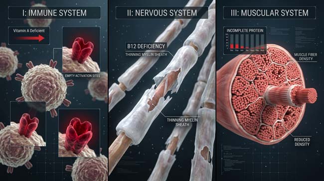 3D visualization of three simultaneous nutritional deficiencies from potato-only diet showing immune system vitamin A deficiency nerve myelin B12 deficiency and muscle protein deficiency