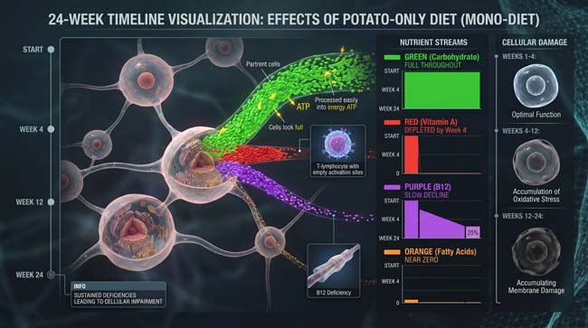 3D timeline visualization of nutrient depletion over 24 weeks on potato-only diet showing carbohydrate adequacy alongside critical vitamin A B12 and essential fatty acid deficiencies