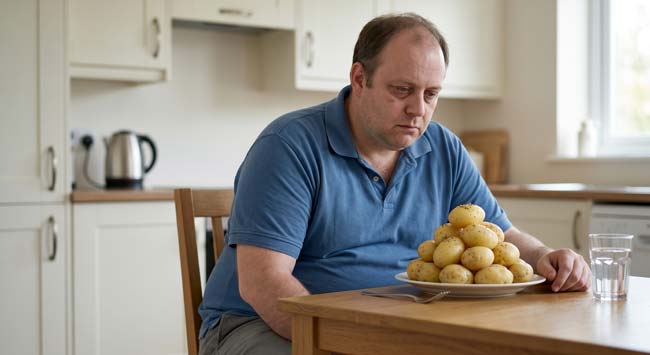 A man sitting alone with a plate full of potatoes looking pale and fatigued illustrating the nutritional paradox of surviving but developing vitamin deficiencies on a potato-only diet