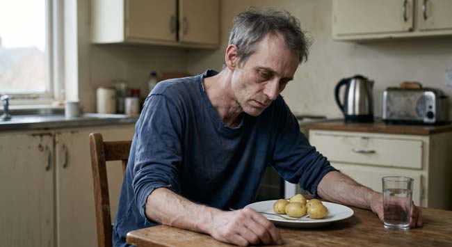 A gaunt man sitting alone with only potatoes on his table illustrating the long-term effects of surviving on potatoes alone including muscle loss and nutritional deficiency