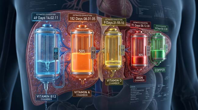 3D visualization of human liver nutrient storage chambers showing vitamin B12 vitamin A vitamin D and iron reserves depleting at different rates on a potato-only diet