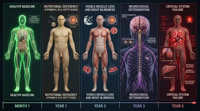 3D five-phase survival timeline visualization showing progressive body system failure from potato-only diet from comfortable months to critical neurological failure at year five